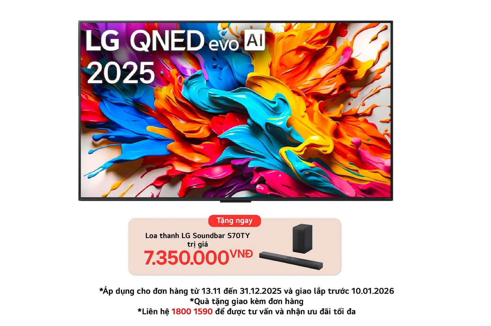 Front view of LG QNED evo QNED92 TV, LG QNED evo Al Logo on the top corner. LG QNED evo TV depicts colorful paintike textures coming together.