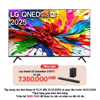 Front view of LG QNED evo QNED92 TV, LG QNED evo Al Logo on the top corner. LG QNED evo TV depicts colorful paintike textures coming together.