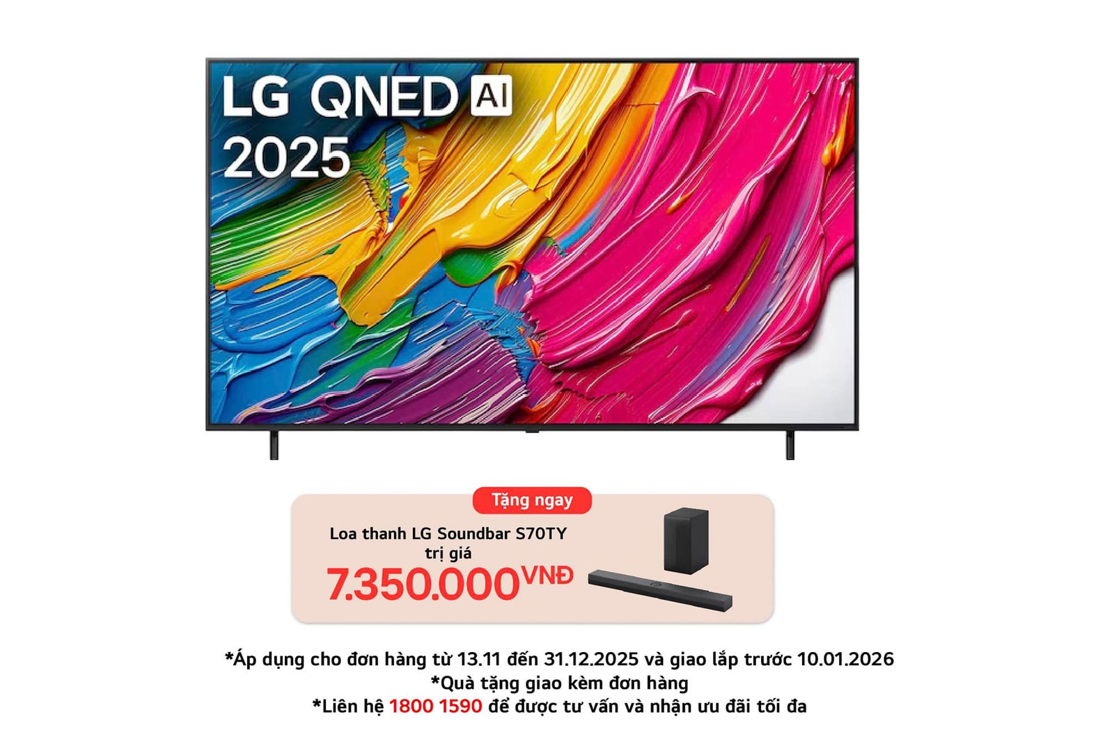 Front view of LG QNED80 TV, LG QNED Al Logo on the top corner. LG QNED TV depicts colorful paintike textures coming together.