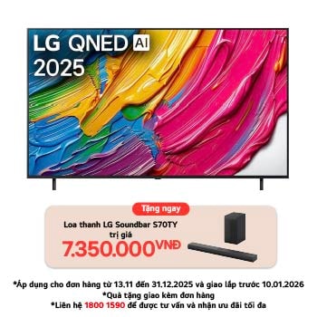 Front view of LG QNED80 TV, LG QNED Al Logo on the top corner. LG QNED TV depicts colorful paintike textures coming together.