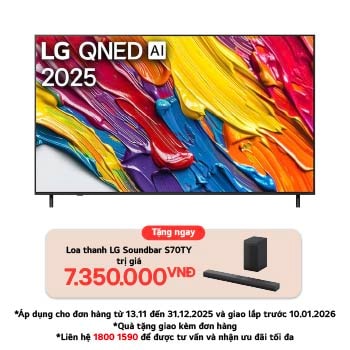 Hình ảnh tích cực của TV LG QNED82 với logo LG QNED Al ở góc trên cùng. LG QNED TV mô tả kết cấu đầy màu sắc như tranh vẽ.