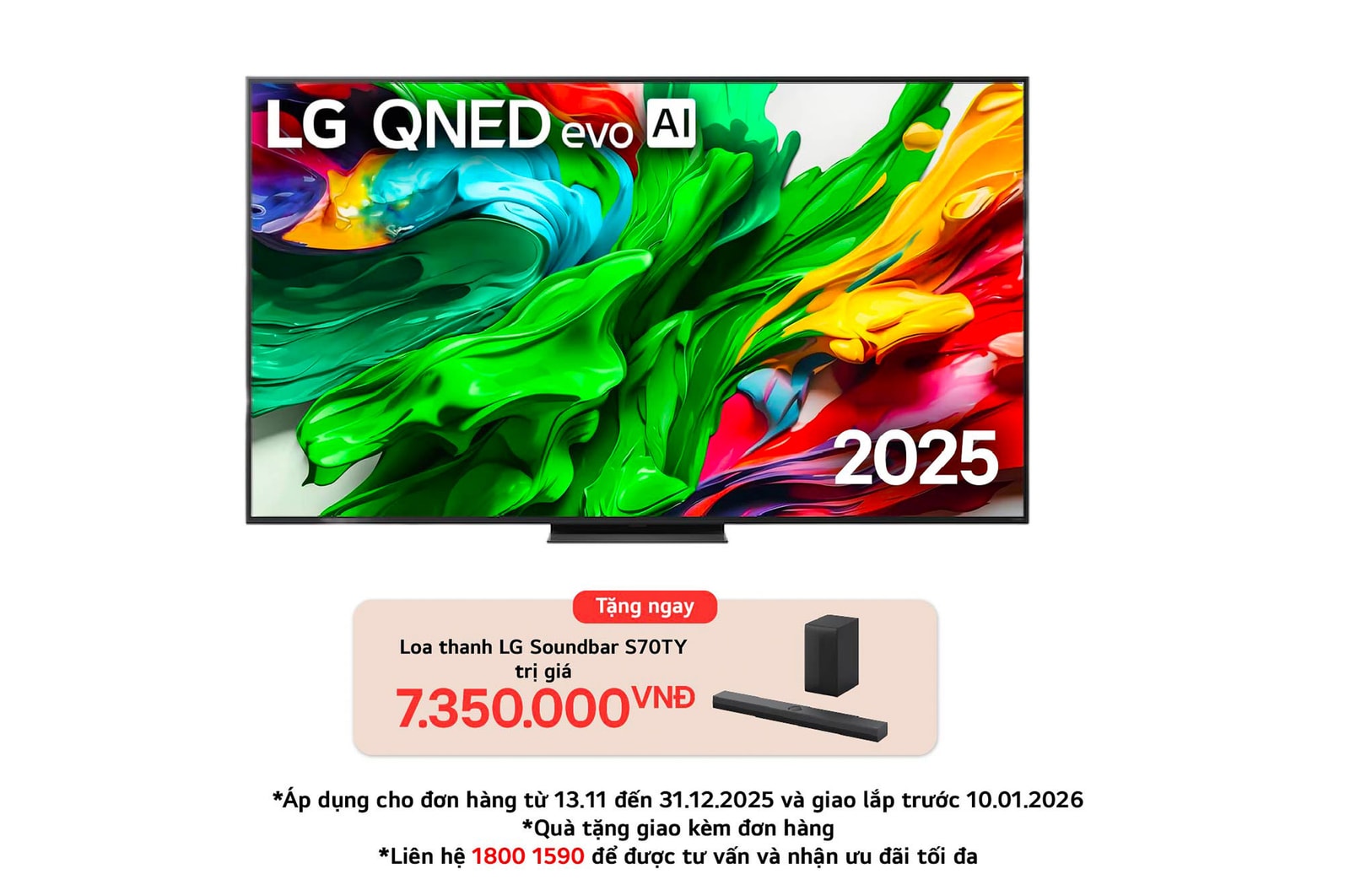 Front view of LG QNED evo TV, LG QNED evo Al Logo on the top corner. LG QNED evo TV depicts colorful paintike textures coming together.