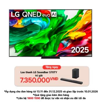 Front view of LG QNED evo TV, LG QNED evo Al Logo on the top corner. LG QNED evo TV depicts colorful paintike textures coming together.