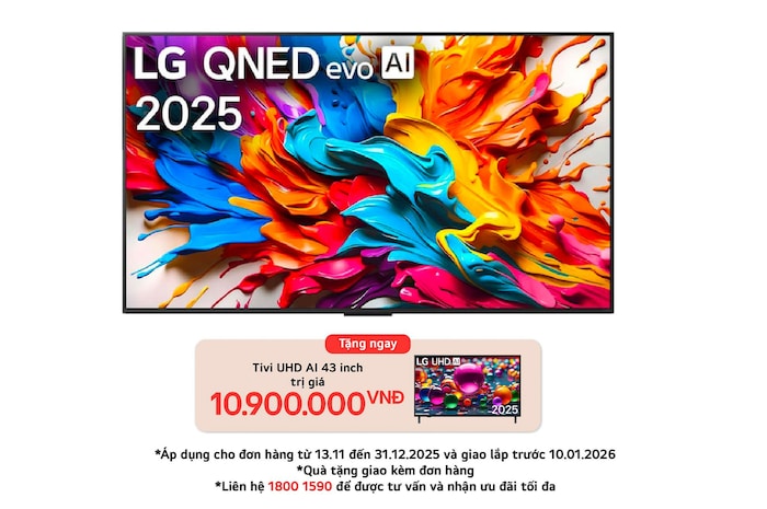 Front view of LG QNED evo AI QNED9M TV. LG QNED evo AI Logo on the. op corner. LG QNED evo TV depicts colorful paintike textures coming together. Zero Connect Box in the corner with the title, Zero Connect Box with 4K 144Hz wireless video & audio transfer.