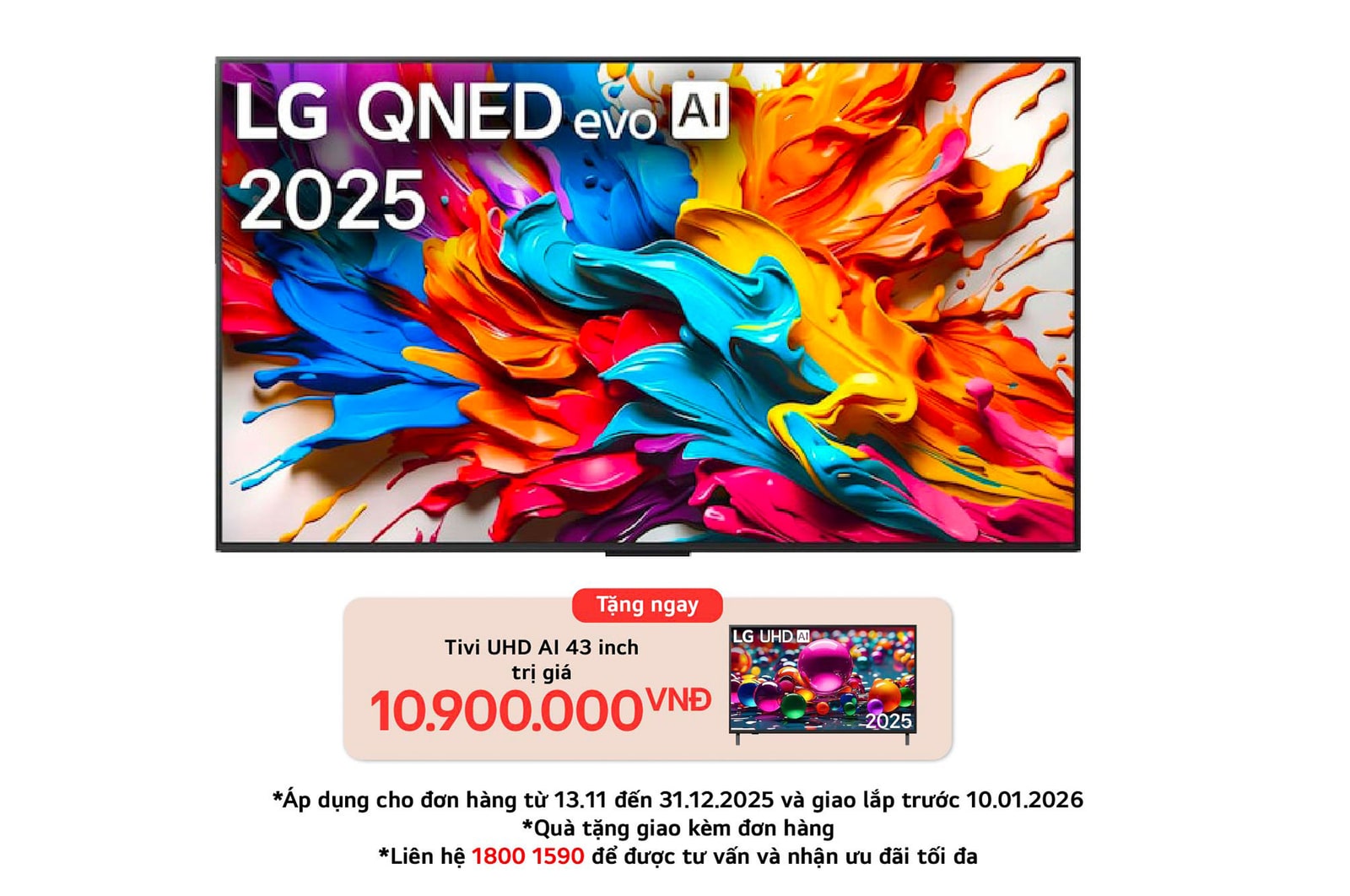 Front view of LG QNED evo AI QNED9M TV. LG QNED evo AI Logo on the. op corner. LG QNED evo TV depicts colorful paintike textures coming together. Zero Connect Box in the corner with the title, Zero Connect Box with 4K 144Hz wireless video & audio transfer.