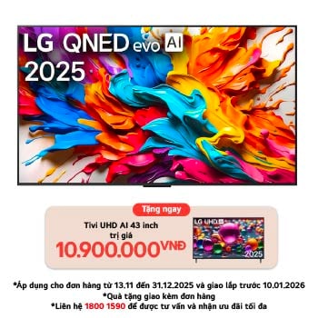 Front view of LG QNED evo AI QNED9M TV. LG QNED evo AI Logo on the. op corner. LG QNED evo TV depicts colorful paintike textures coming together. Zero Connect Box in the corner with the title, Zero Connect Box with 4K 144Hz wireless video & audio transfer.