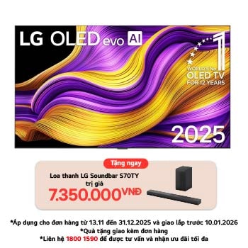 Front view of LG OLED evo AI G5 4K Smart TV. 12 Years of world number 1 OLED emblem and LG OLED evo AI 2025 logo are on the screen.