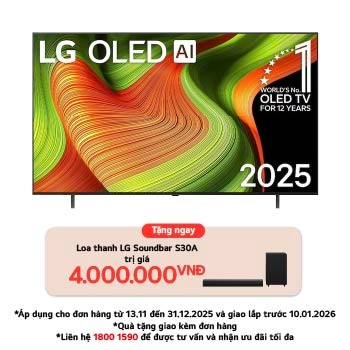 Front view of LG OLED AI B5 4K Smart TV. 12 Years of world number 1 OLED emblem and LG OLED AI 2025 logo are on the screen.
