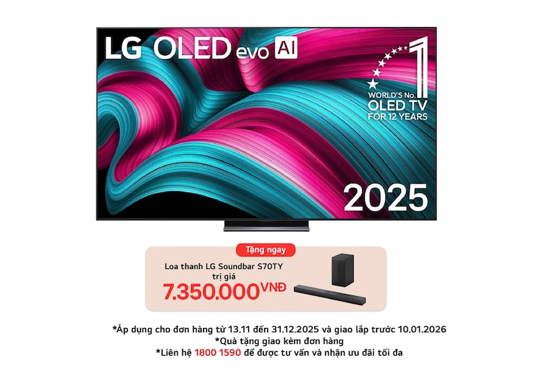 Front view of LG OLED evo AI C5 4K Smart TV. 12 Years of world number 1 OLED emblem and LG OLED evo AI 2025 logo are on the screen.