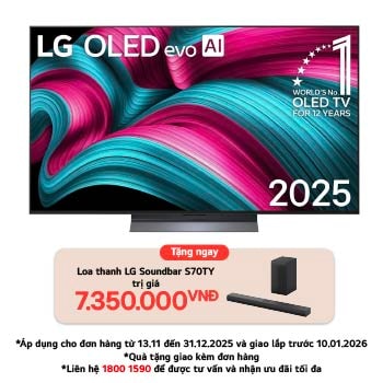 Front view of LG OLED evo AI C5 4K Smart TV. 12 Years of world number 1 OLED emblem and LG OLED evo AI 2025 logo are on the screen.