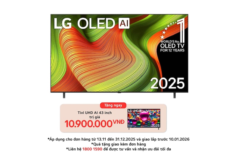 Front view of LG OLED AI B5 4K Smart TV. 12 Years of world number 1 OLED emblem and LG OLED AI 2025 logo are on the screen.