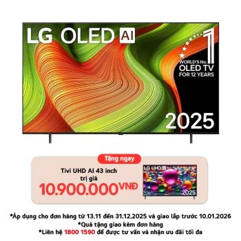 Front view of LG OLED AI B5 4K Smart TV. 12 Years of world number 1 OLED emblem and LG OLED AI 2025 logo are on the screen.