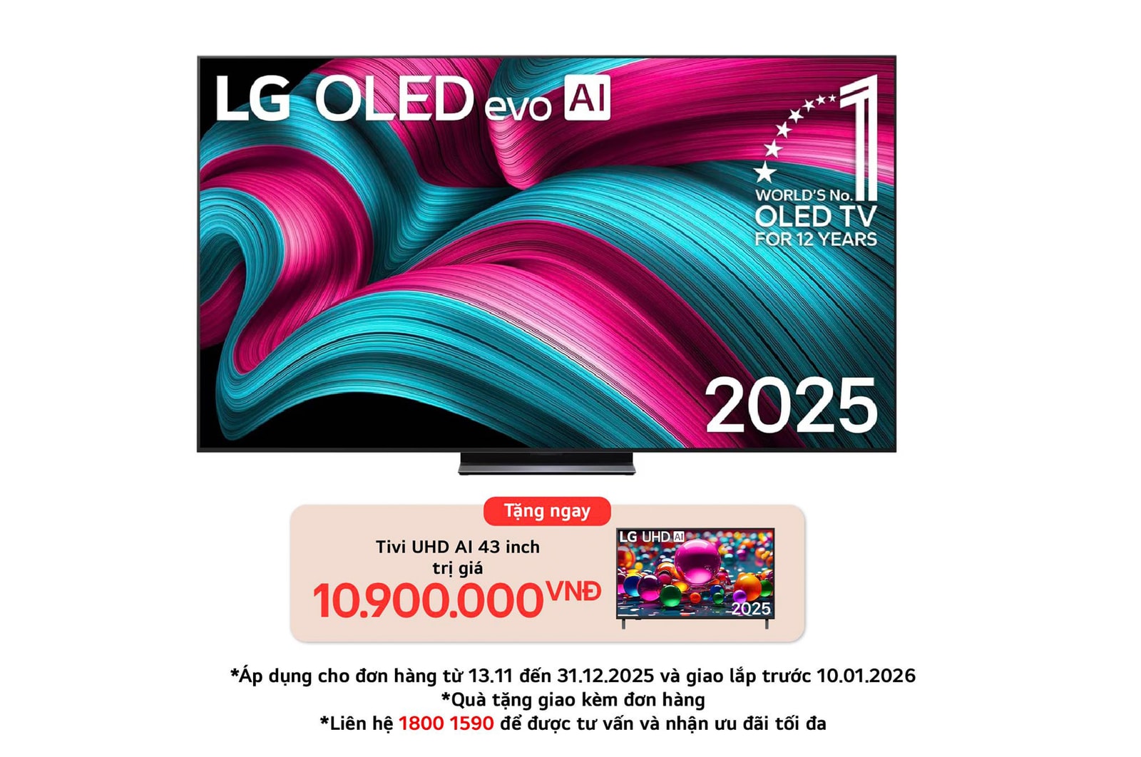 Front view of LG OLED evo AI C5 4K Smart TV. 12 Years of world number 1 OLED emblem and LG OLED evo AI 2025 logo are on the screen.