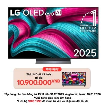Front view of LG OLED evo AI C5 4K Smart TV. 12 Years of world number 1 OLED emblem and LG OLED evo AI 2025 logo are on the screen.