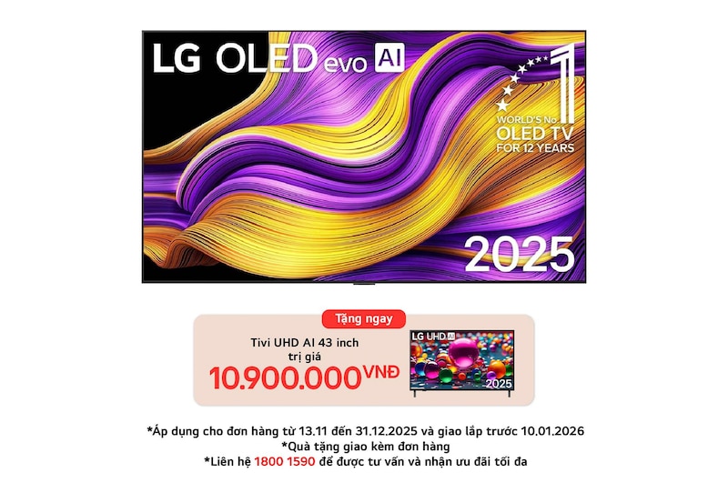Front view of LG OLED evo AI G5 4K Smart TV. 12 Years of world number 1 OLED emblem and LG OLED evo AI 2025 logo are on the screen.