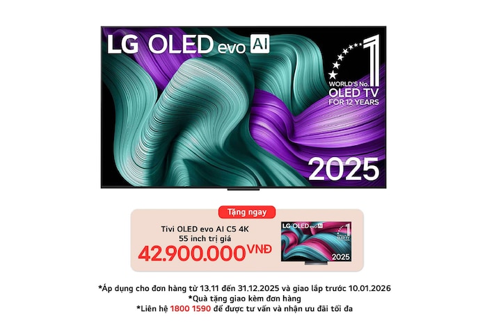Front view of LG OLED evo AI G5 4K Smart TV. 12 Years of world number 1 OLED emblem and LG OLED evo AI 2025 logo are on the screen.