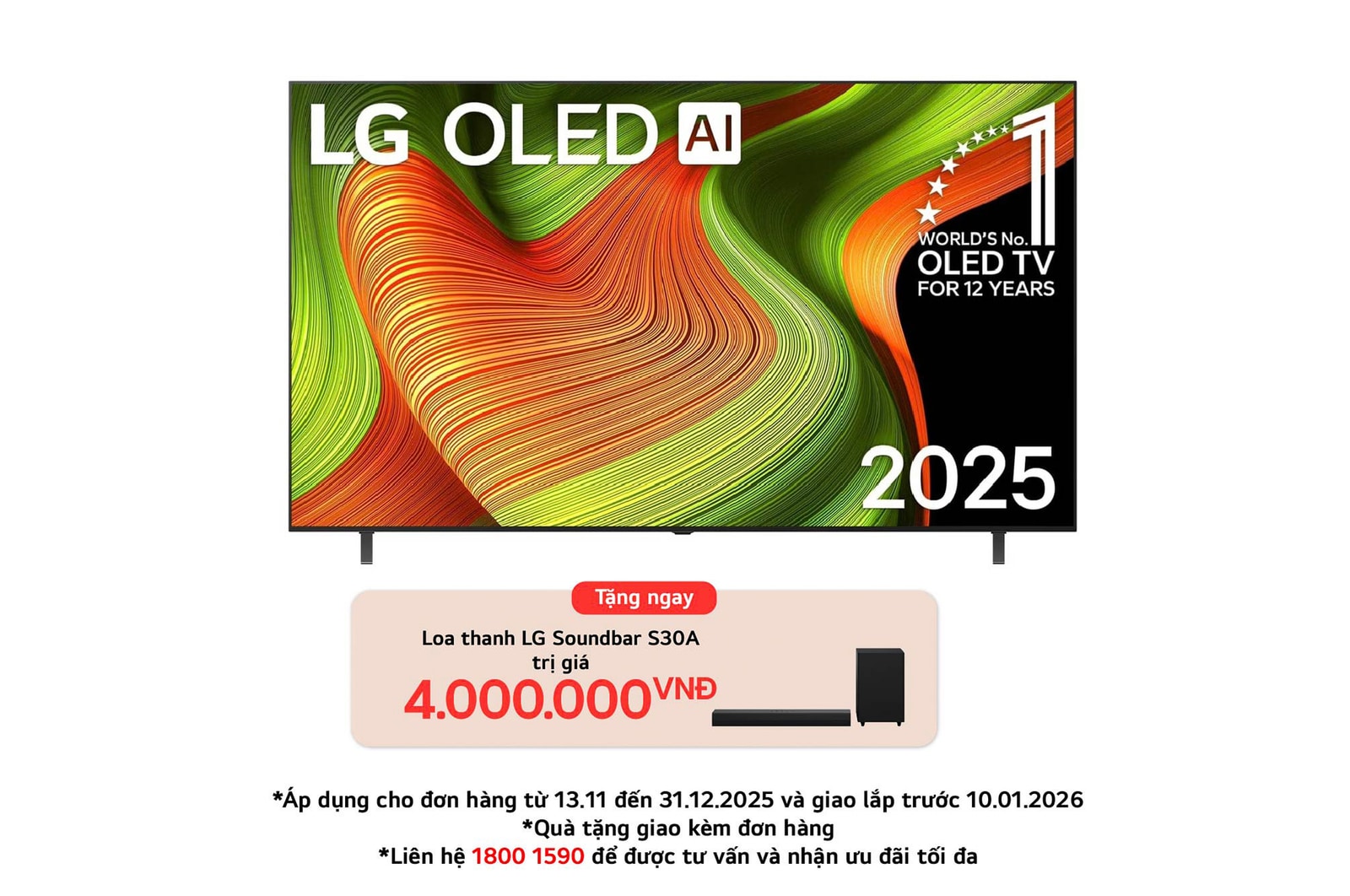 Front view of LG OLED AI B5 4K Smart TV. 12 Years of world number 1 OLED emblem and LG OLED AI 2025 logo are on the screen.