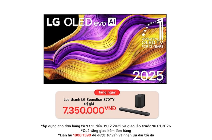 Front view of LG OLED evo AI G5 4K Smart TV. 12 Years of world number 1 OLED emblem and LG OLED evo AI 2025 logo are on the screen.