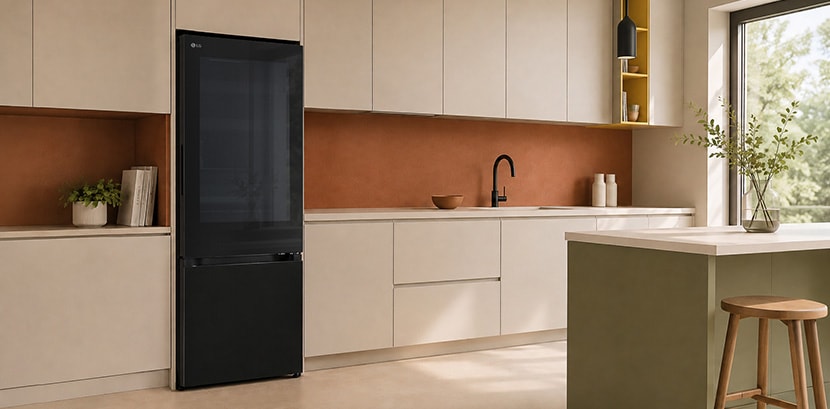 Tủ lạnh ngăn đá dưới LG với cửa InstaView™ phát sáng, đặt cạnh tủ bếp gỗ trong gian bếp tông màu ấm trung tính.
