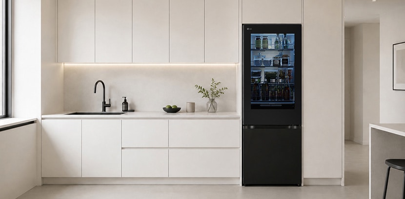 Tủ lạnh ngăn đá dưới LG với cửa InstaView™ phát sáng, đặt trong dãy tủ bếp trắng cạnh bồn rửa.