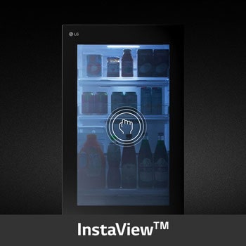 Đồ họa InstaView™: cửa kính đen phát sáng từ bên trong, cho thấy chai lọ mà không cần mở cửa.