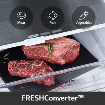 Đồ họa FRESHConverter™ với các chế độ Thịt, Cá và Rau củ phía trên ngăn kéo chứa thịt bò sống.