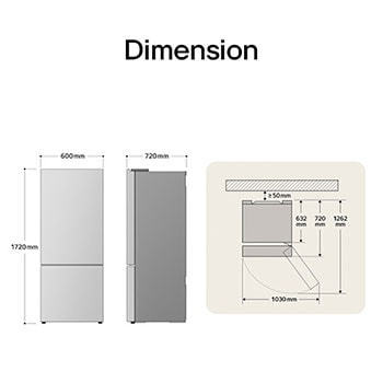 Bản vẽ kích thước: rộng 600 mm, sâu 720 mm, cao 1720 mm, với bán kính mở cửa 1030 mm.