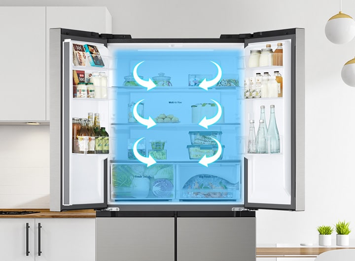 Tủ lạnh nhiều cửa LG với Multi-Air Flow System mở ra, cho thấy sự lưu thông không khí lạnh tạo ra sự phân tán nhiệt đồng đều.