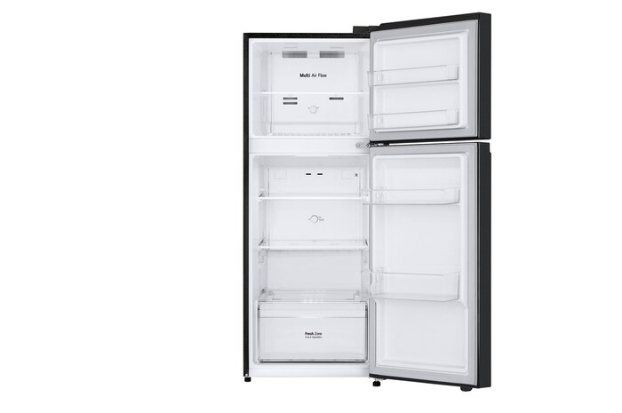 Mặt trước đang mở của Tủ lạnh ngăn đá trên Essence 217L màu đen mờ với công nghệ LinearCooling và tính năng Khử mùi.