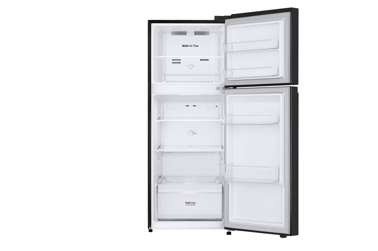 Mặt trước đang mở của Tủ lạnh ngăn đá trên Essence 217L màu đen mờ với công nghệ LinearCooling và tính năng Khử mùi.