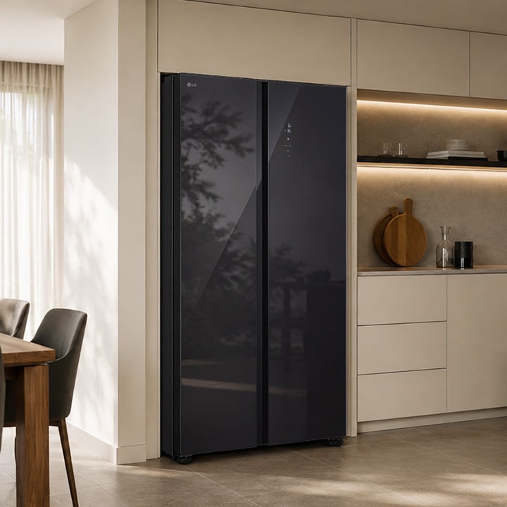 Tủ lạnh Side by Side LG GDFB607VGAH Kính Đen với thiết kế cửa kính sang trọng, hòa hợp hoàn hảo với không gian bếp hiện đại.