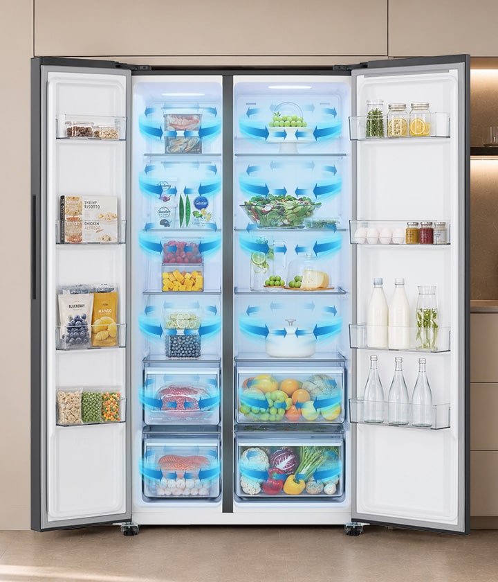 Tủ lạnh Side by Side LG GDFB607VGAH Kính Đen với công nghệ Multi Air Flow và luồng khí lạnh lan tỏa bên trong.