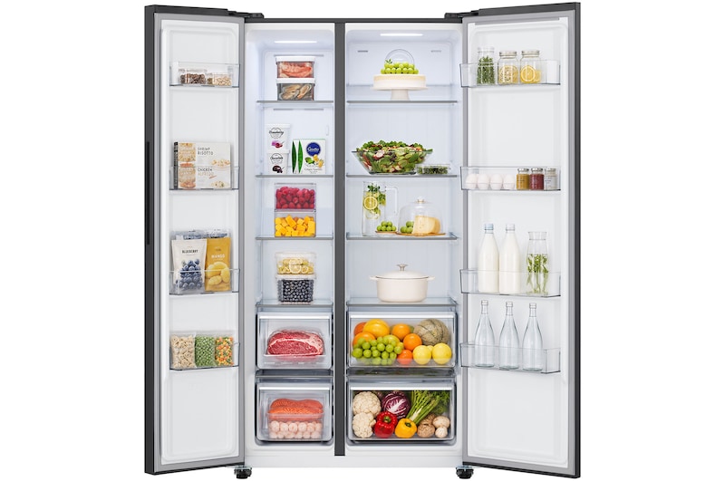 Tủ lạnh Side by Side LG GDFB607VGAH Kính Đen với cửa mở, khoang bên trong rộng rãi chứa đầy thực phẩm tươi - cửa mở