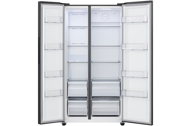 Tủ lạnh Side by Side LG GDFB607VGAH Kính Đen với cửa mở, nhiều kệ, ngăn đựng và hộc chứa còn trống - cửa mở