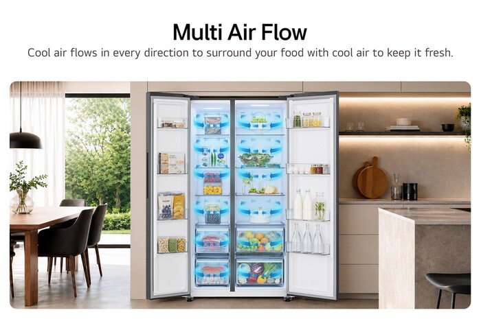 Tủ lạnh Side by Side LG GDFB607VGAH Kính Đen với công nghệ Multi Air Flow, luồng khí lạnh hiển thị bao quanh thực phẩm tươi.
