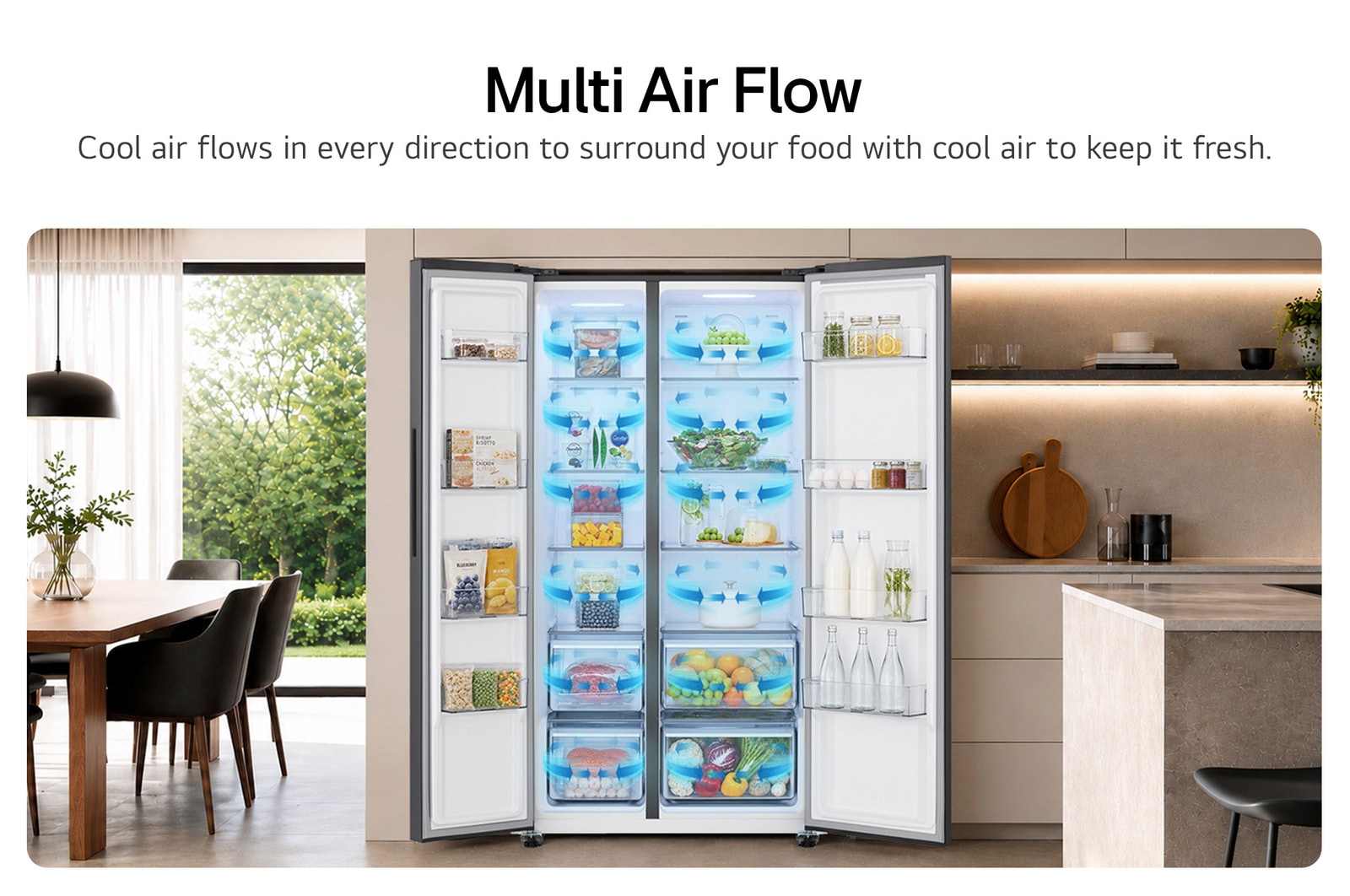 Tủ lạnh Side by Side LG GDFB607VGAH Kính Đen với công nghệ Multi Air Flow, luồng khí lạnh hiển thị bao quanh thực phẩm tươi.