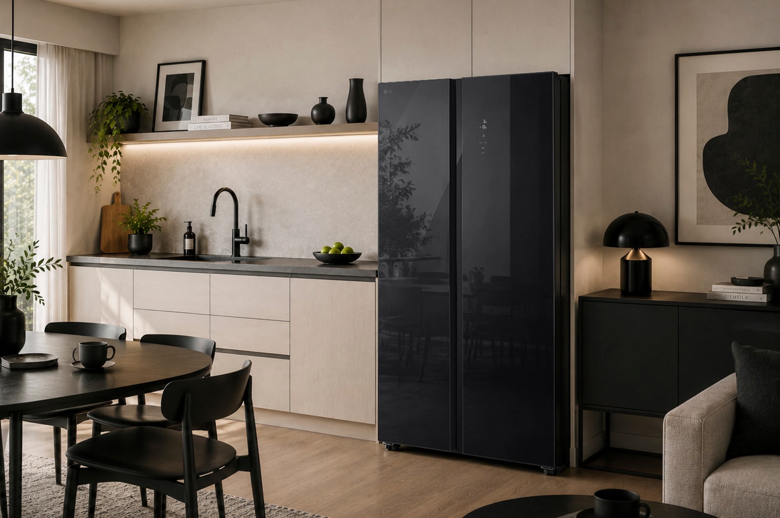Tủ lạnh Side by Side LG GDFB607VGAH Kính Đen trong không gian sống hiện đại, tôn lên vẻ đẹp sang trọng cho ngôi nhà.