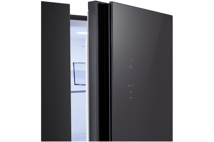 Tủ lạnh Side by Side LG GDFB607VGAH Kính Đen với hình cận cảnh màn hình cảm ứng và bảng điều khiển nhiệt độ trực quan.