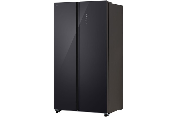 Tủ lạnh Side by Side LG GDFB607VGAH Kính Đen với thiết kế cửa liền mạch, nhìn từ góc bên phải.