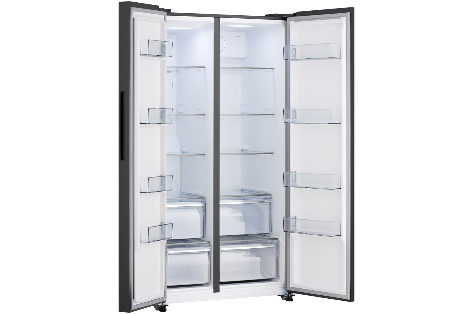 Tủ lạnh Side by Side LG GDFB607VGAH Kính Đen với hai cánh cửa mở rộng, khoang bên trong trống nhìn từ một góc nghiêng.