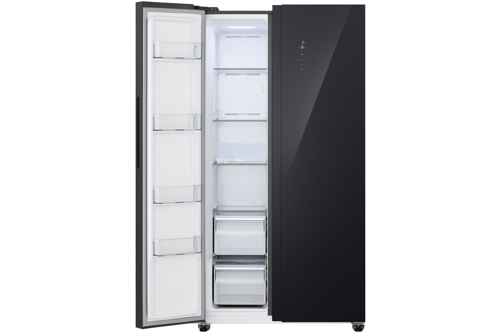 Tủ lạnh Side by Side LG GDFB607VGAH Kính Đen với ngăn đông mở, nhiều hộc chứa còn trống.