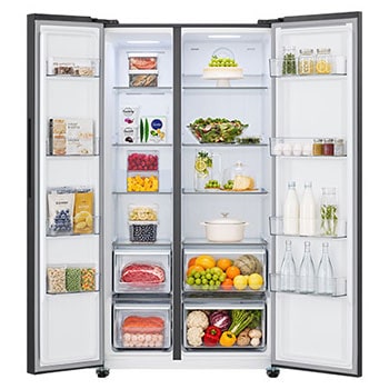 Tủ lạnh Side by Side LG GDFB607VGAH Kính Đen với cửa mở, khoang bên trong rộng rãi chứa đầy thực phẩm tươi - cửa mở