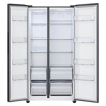 Tủ lạnh Side by Side LG GDFB607VGAH Kính Đen với cửa mở, nhiều kệ, ngăn đựng và hộc chứa còn trống - cửa mở