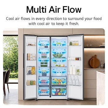 Tủ lạnh Side by Side LG GDFB607VGAH Kính Đen với công nghệ Multi Air Flow, luồng khí lạnh hiển thị bao quanh thực phẩm tươi.
