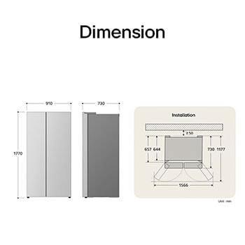 Tủ lạnh Side by Side LG GDFB607VGAH Kính Đen với thông số kích thước chi tiết (mm) và hướng dẫn khoảng cách lắp đặt chính xác.