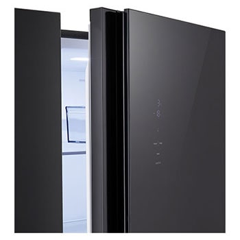 Tủ lạnh Side by Side LG GDFB607VGAH Kính Đen với hình cận cảnh màn hình cảm ứng và bảng điều khiển nhiệt độ trực quan.