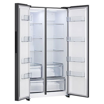 Tủ lạnh Side by Side LG GDFB607VGAH Kính Đen với hai cánh cửa mở rộng, khoang bên trong trống nhìn từ một góc nghiêng.