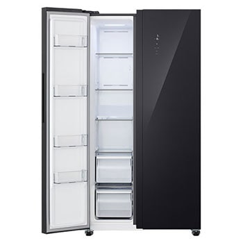 Tủ lạnh Side by Side LG GDFB607VGAH Kính Đen với ngăn đông mở, nhiều hộc chứa còn trống.