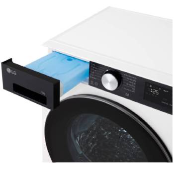 Ngăn kéo phía trên được mở, góc chụp thứ nhất của máy sấy LG AI DUAL Inverter Heat Pump™ 12kg màu trắng RX12VHP5WB