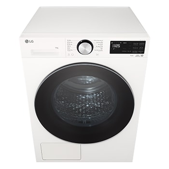 Góc chụp từ phía trước và trên cao của máy sấy LG AI DUAL Inverter Heat Pump™ 12kg màu trắng RX12VHP5W1
